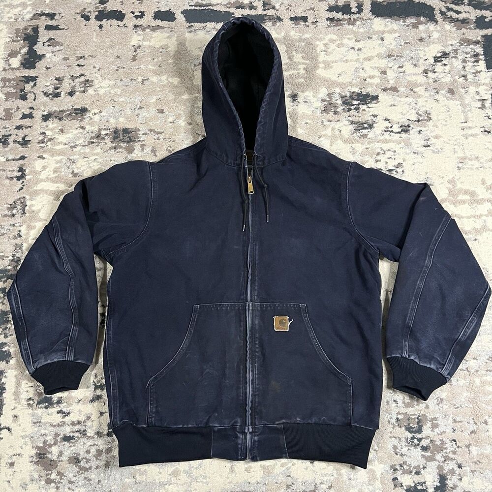 Vintage Carhartt Faded Navy Hooded Thermal Lined Canvas Jacket J25MDT Sz L Tall - Picture 1 of 15